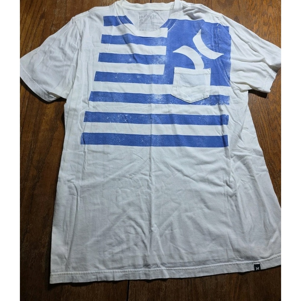 Hurley T-shirt Mens Large White Summit Logo Classic Fit Y2k Vtg Striped Pocket